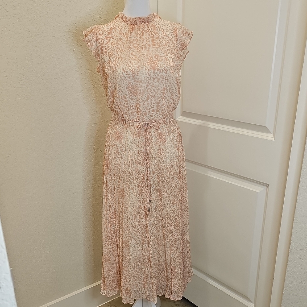 Oasis Peach Cream Patterned Flutter Sleeve Pleated Skirt Midi Spring Dress Sz 12 - Picture 9 of 9